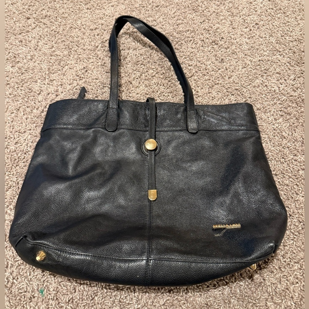 Stella & Max Genuine Pebble Leather Black Tote Bag Gold Hardware